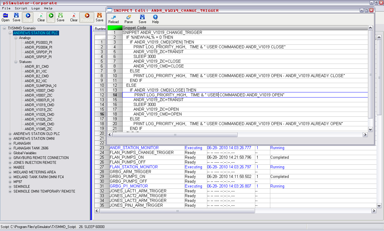 Simulator script tab interface